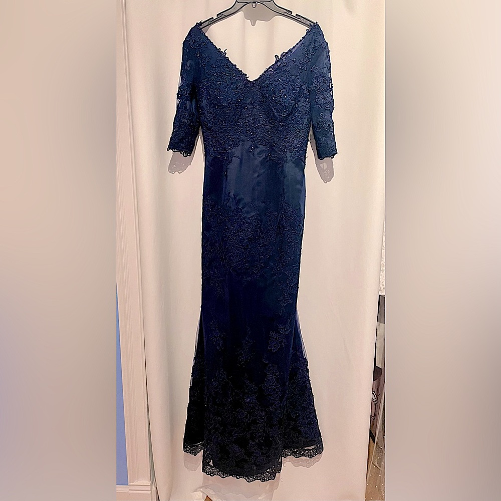 Mother of bride navy floor length lace appliqué gown. Never worn